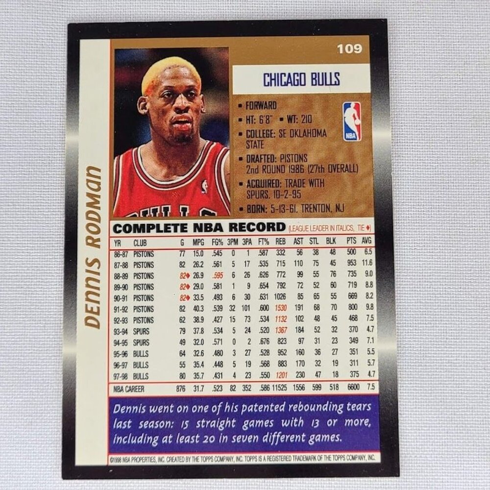 1998-99 Topps NBA Basketball #109 Dennis Rodman Chicago Bulls - Picture 4 of 4